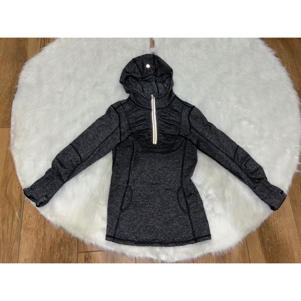 Lululemon Hoodie Women 4 Heathered Blk Run Resolution 1/4 Zip Ruched Running Top